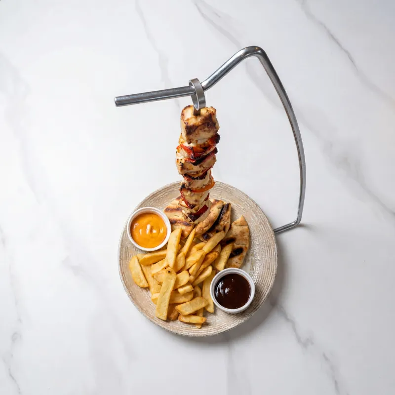 Souvlaki served on the hanging skewer
