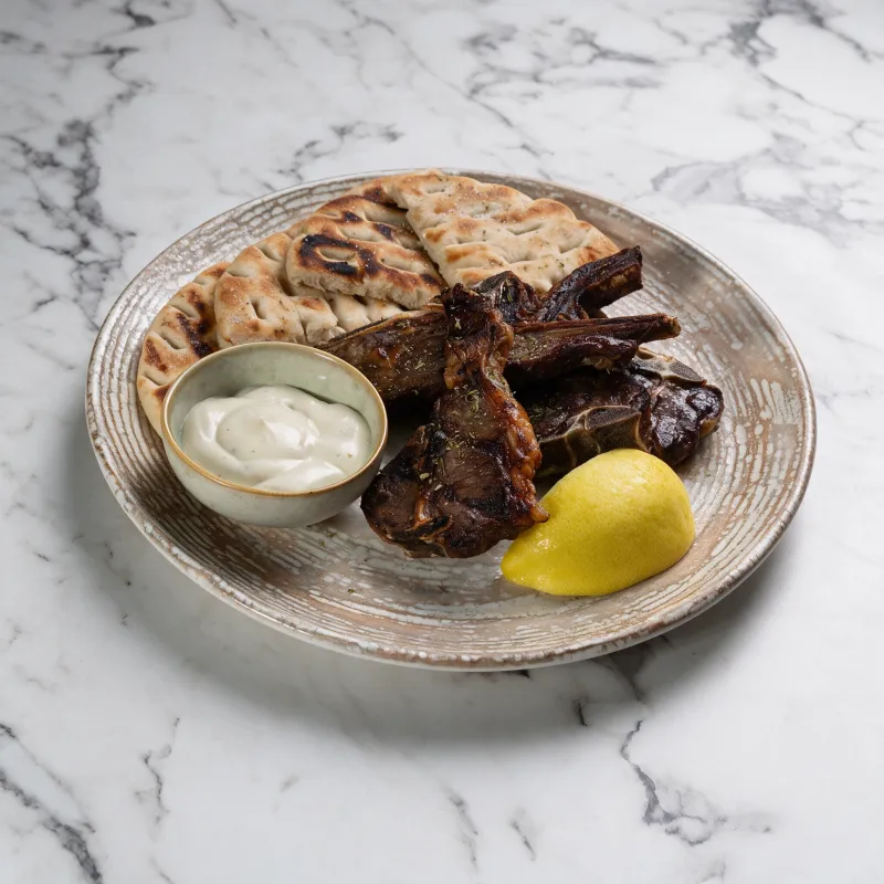 Grilled lamb chops served with warm pita and a side of…