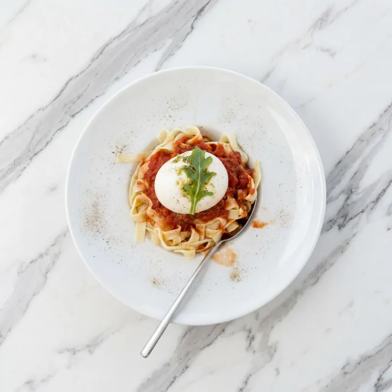 Pasta in a light tomato sauce with a whole burrata resting…