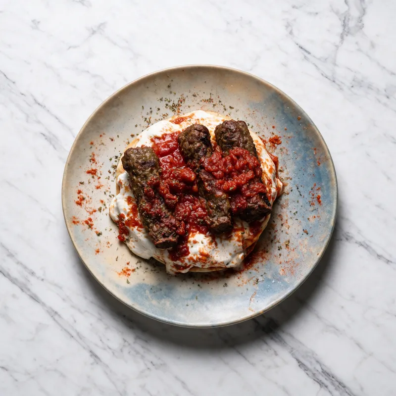 Giaourtlou kebabs on creamy yogurt