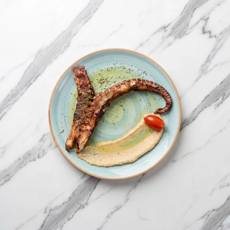 Grilled octopus over smooth hummus